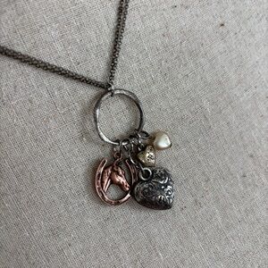 🪴$5/25🪴 Vtg American Eagle Mixed Metal Charm Pendant Necklace Heart Horseshoe